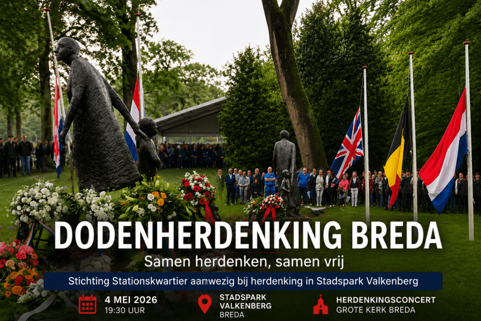 Dodenherdenking 2026 in Stadspark Valkenberg Breda met bloemenkransen en herdenkingsceremonie