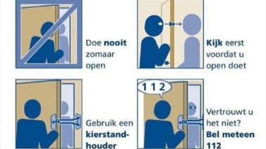 Illustratie met veiligheidstips tegen babbeltrucs: deur niet zomaar openen, eerst kijken wie er staat, gebruik een kierstandhouder en bel 112 bij twijfel.
